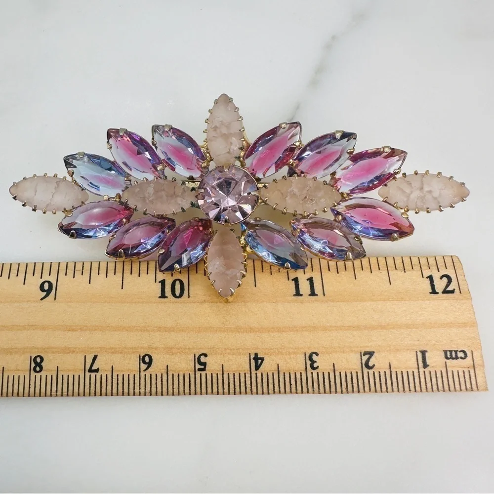 Vintage 1950s Brooch & Clip Earrings Set Amethyst & Frosted Rhinestone Marquise